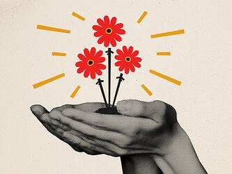 graphic of pair of hands holding orange and yellow flowers